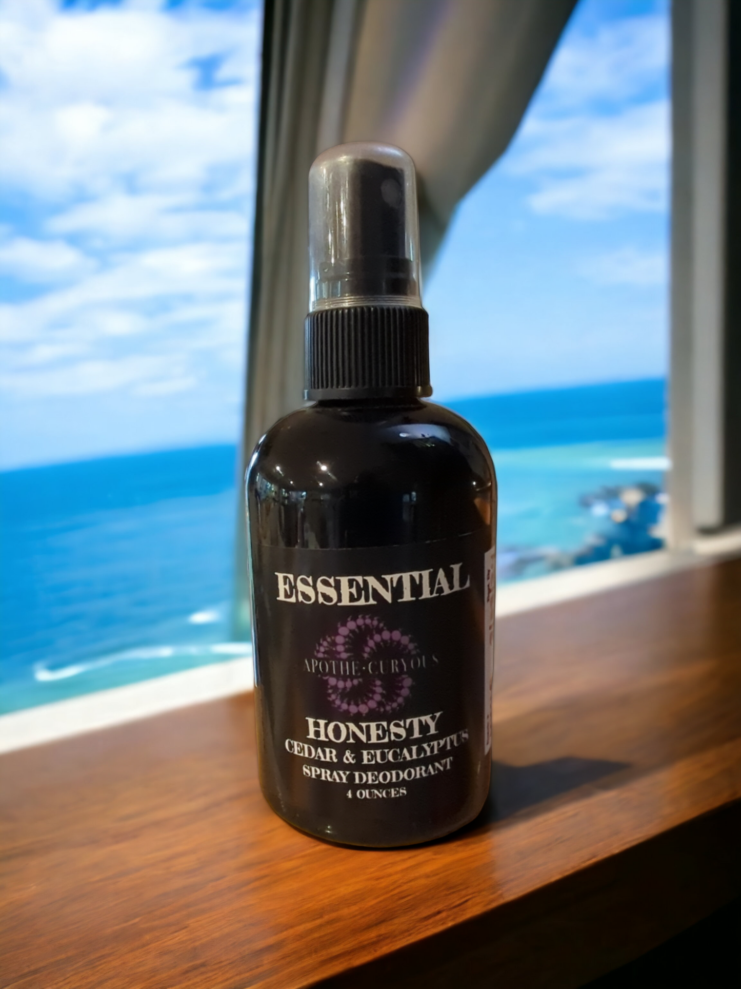 Essential spray deodorant on ledge, Apothecuryous