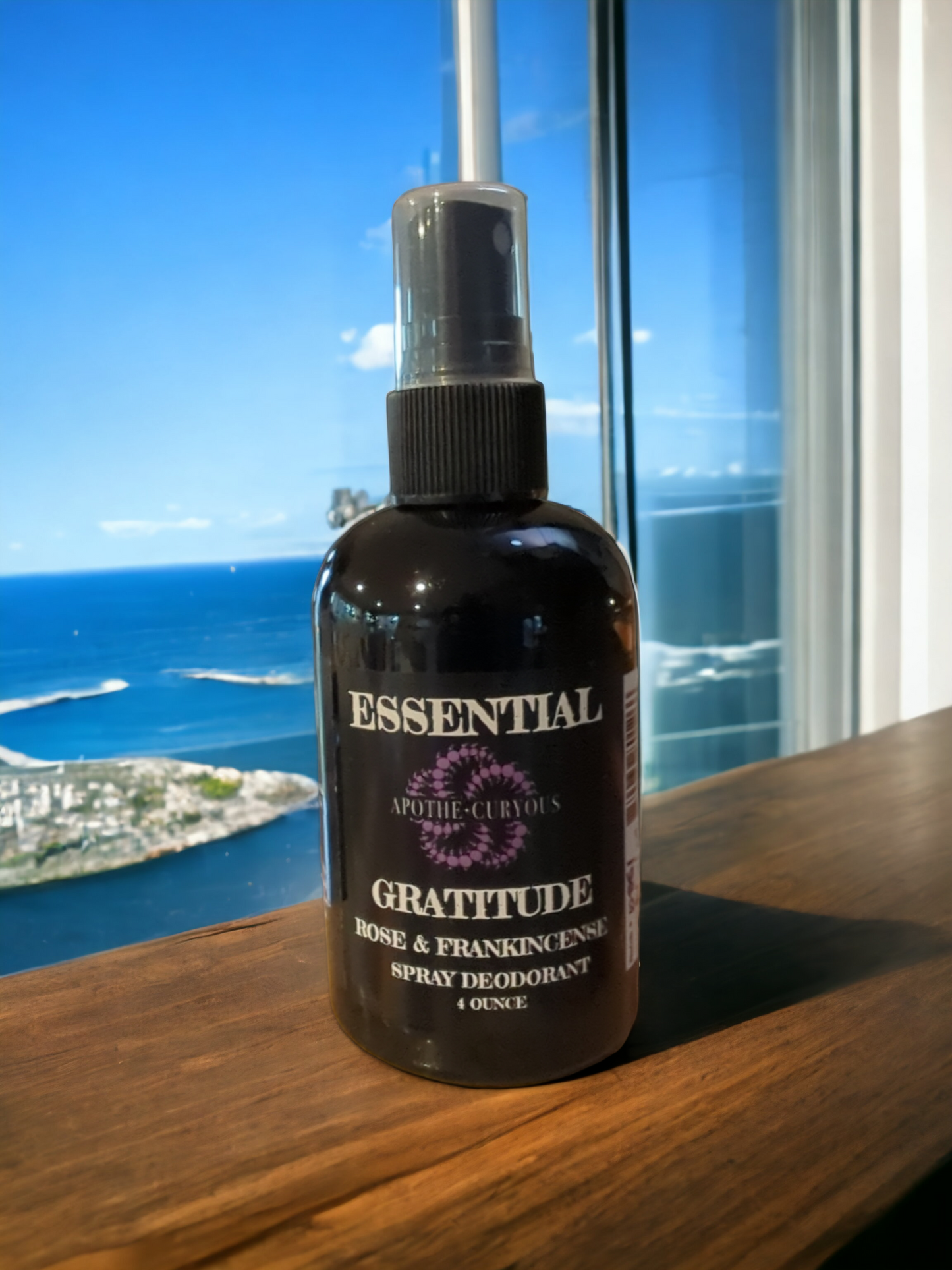 Essential spray deodorant on ledge, Apothecuryous