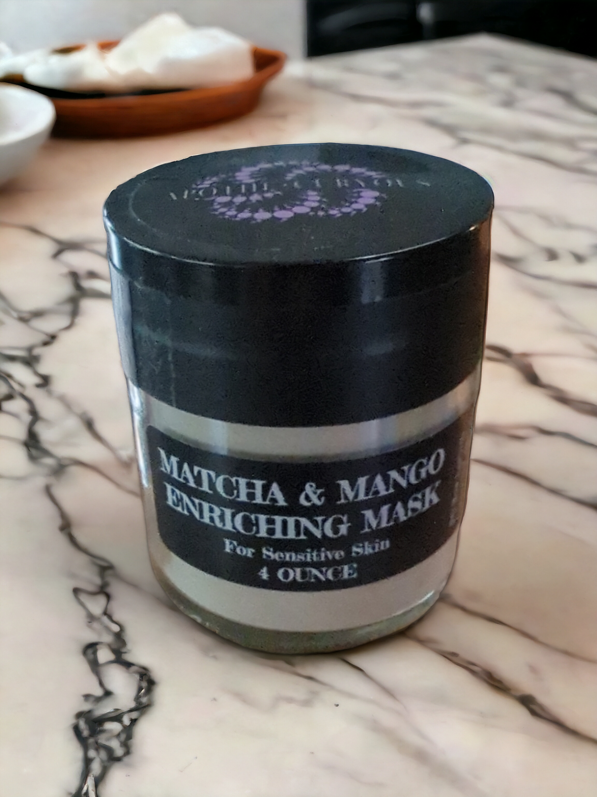 Matcha & Mango powder mask on countertop, Apothecuryous