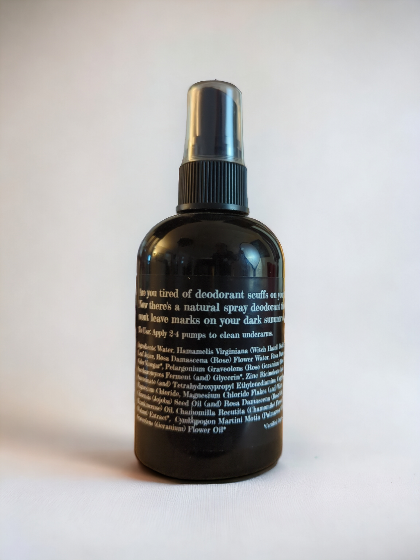 Essential spray deodorant, back label, Apothecuryous