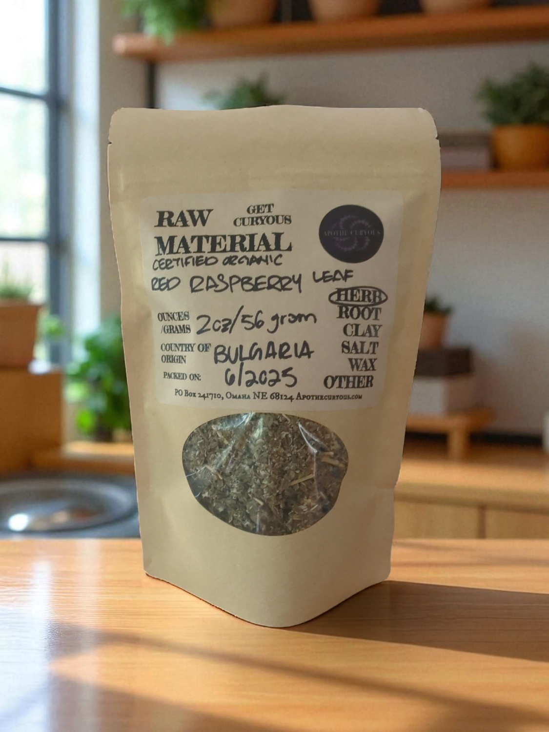 Bagged organic red raspberry leaf herb, Apothecuryous