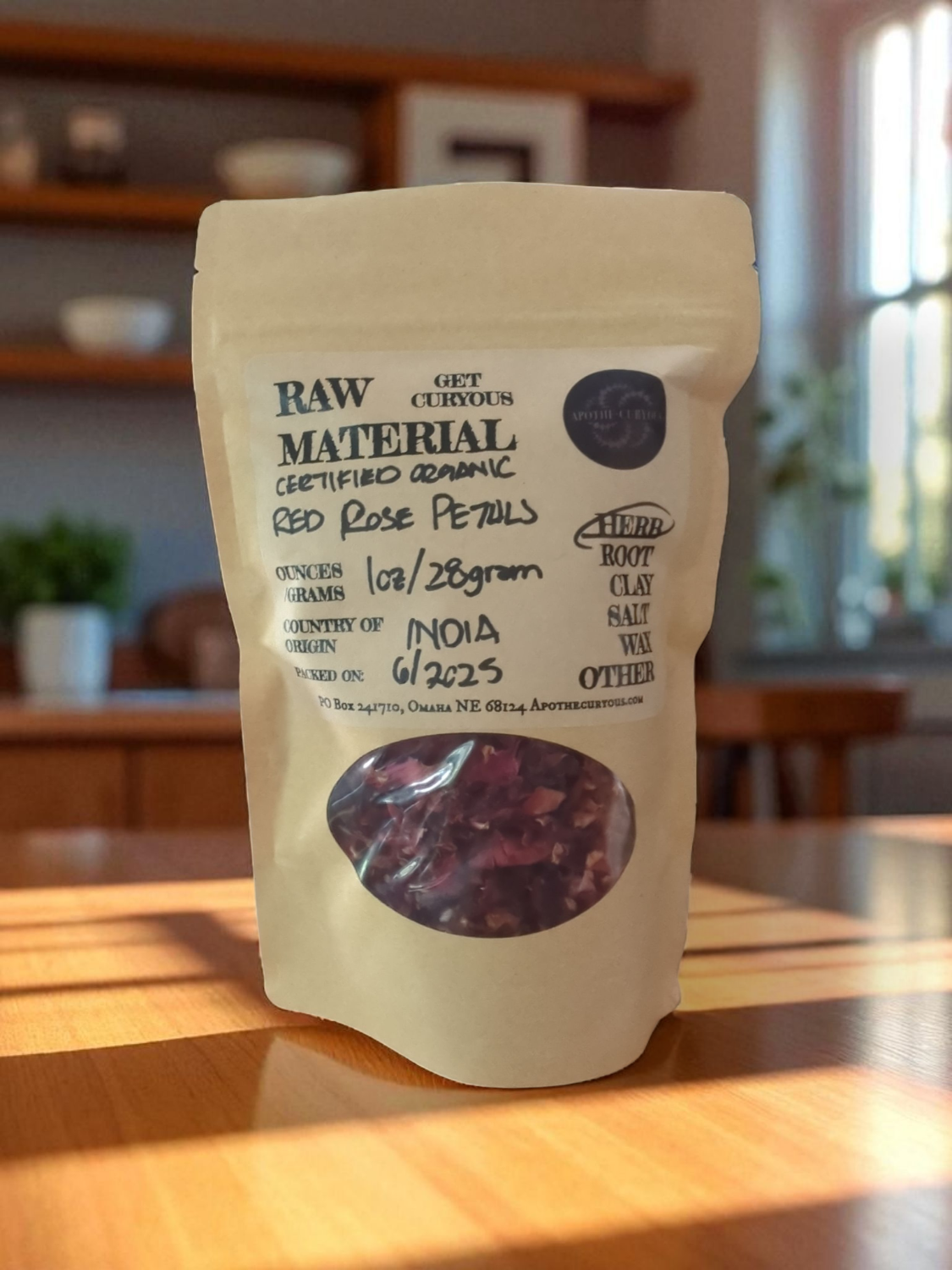 Bagged organic red Rose petals, Apothecuryous