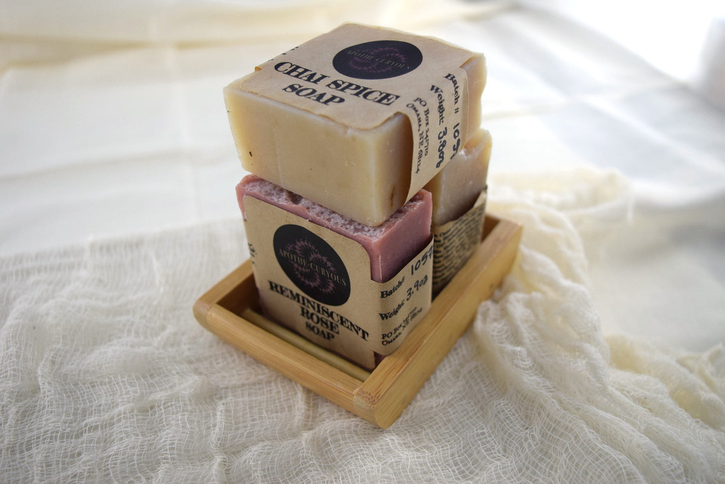 Three bars of cold process soap in a bamboo dish, Apothecuryous