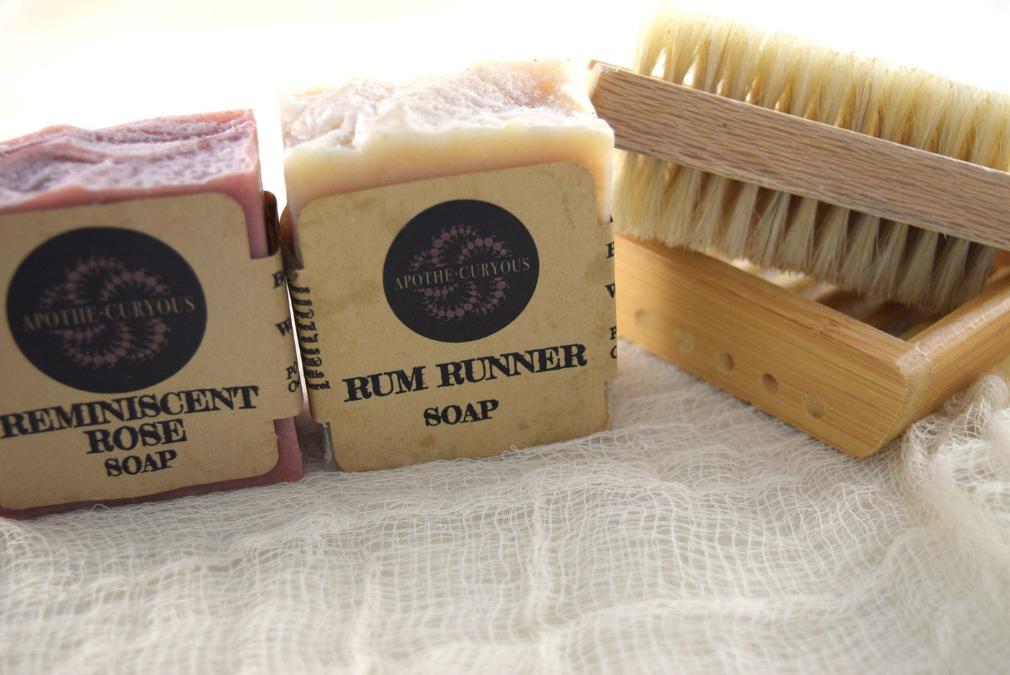 2 bars of cold process soap with bamboo soap dish and nail brush, Apothecuryous
