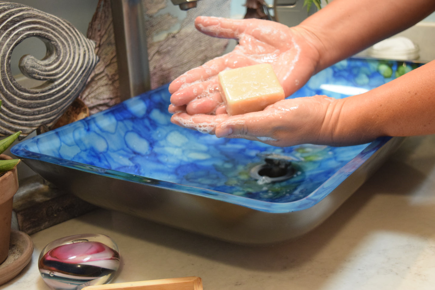 Washing Hands with bar soap at bathroom sink, Apothecuryous
