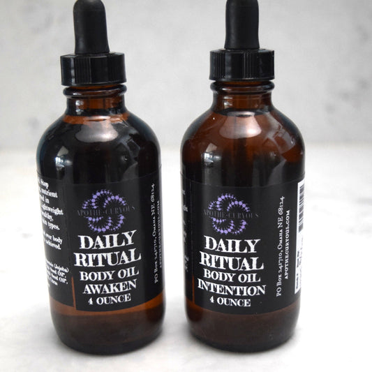 body oil in amber glass bottle with dropper top, Apothecuryous