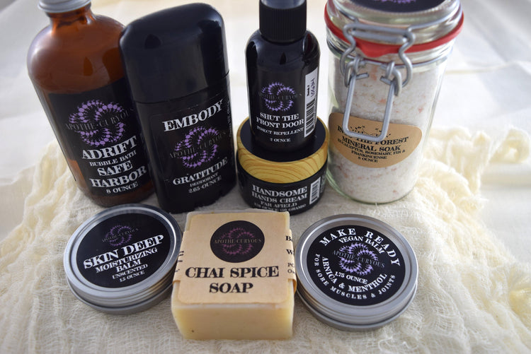 body care collection, lotion, oil, deodorant, soap, after-sun spray, Apothecuryous