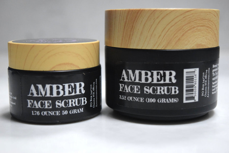 2 sizes of Amber face scrub in black glass jars, Apothecuryous
