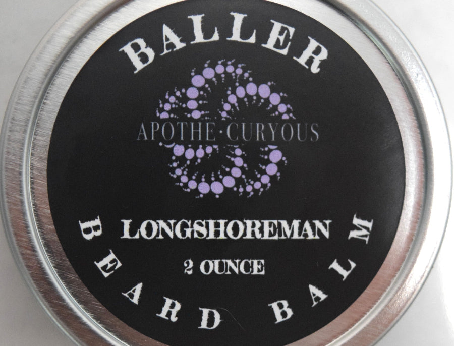 Close up of Baller Beard Balm in aluminum tin, Longshoreman scent, Apothecuryous