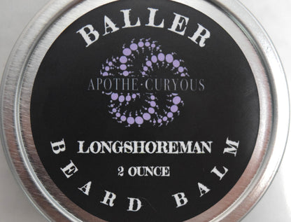 Close up of Baller Beard Balm in aluminum tin, Longshoreman scent, Apothecuryous