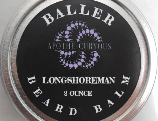 Close up of Baller Beard Balm in aluminum tin, Longshoreman scent, Apothecuryous