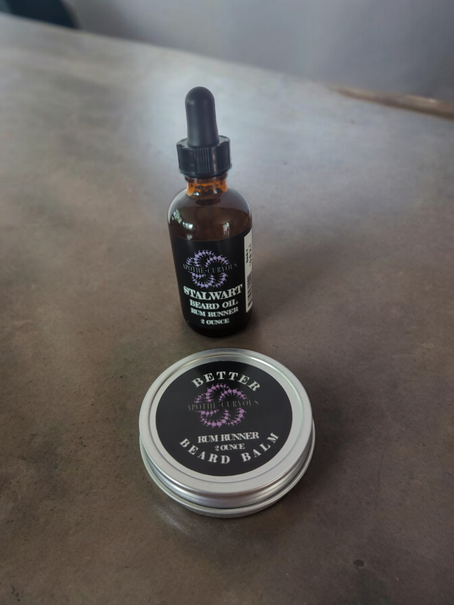 Stalwart beard oil and Better Beard balm, Rum Runner scent, Apothecuryous