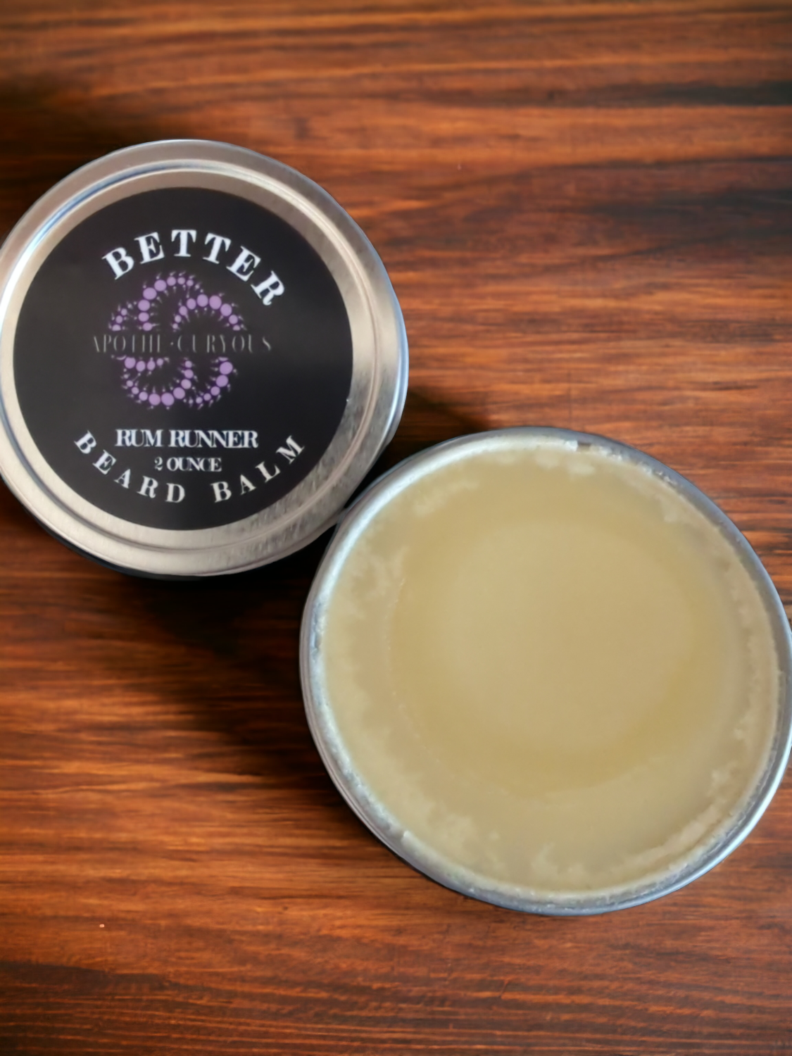 Better Beard balm in aluminum tin, lid off, Apothecuryous