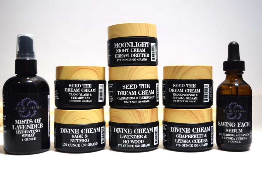 Collection of face moisturizers in glass packaging, Apothecuryous