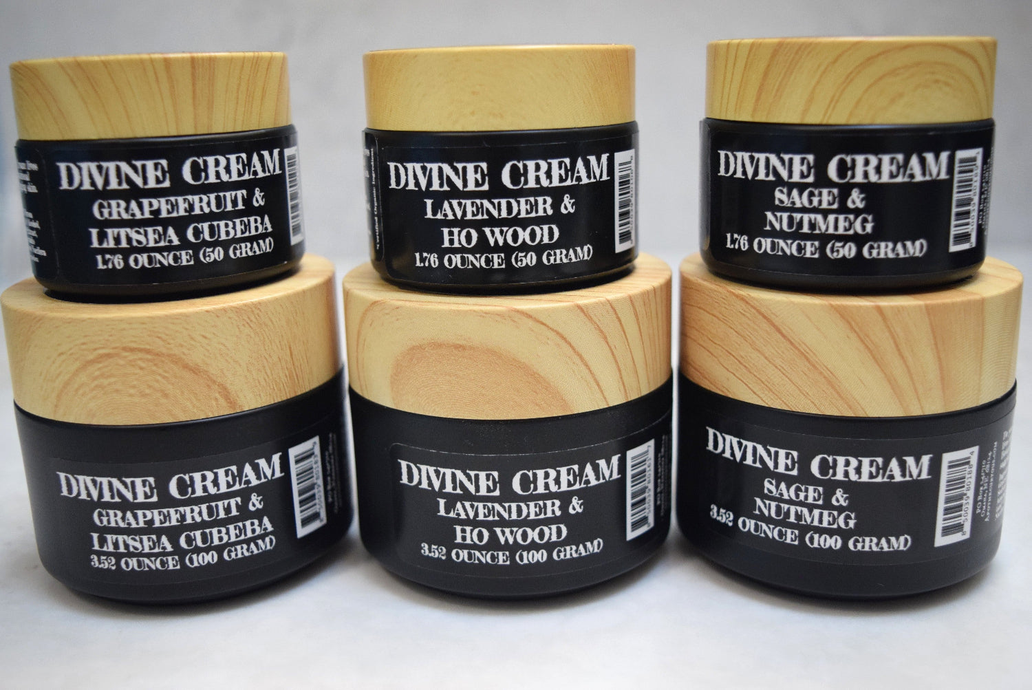 Divine cream options stacked, 3 scents, 2 sizes, Apothecuryous