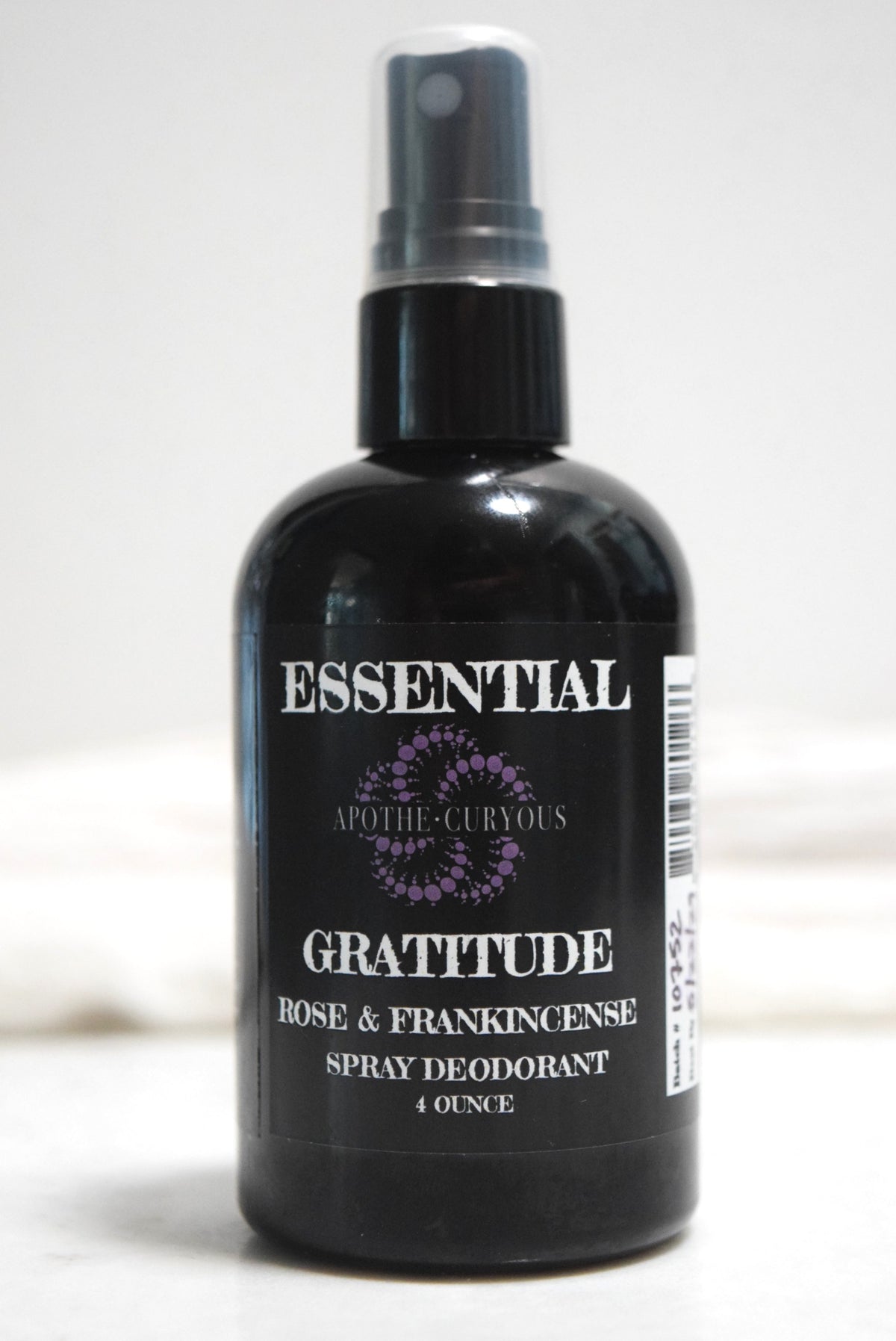 4 ounce black plastic spray deodorant. Gratitude with Rose and Frankincense essential oils, Apothecuryous