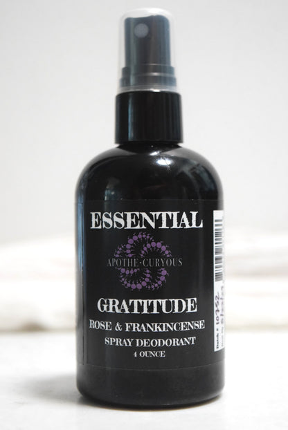 4 ounce black plastic spray deodorant. Gratitude with Rose and Frankincense essential oils, Apothecuryous