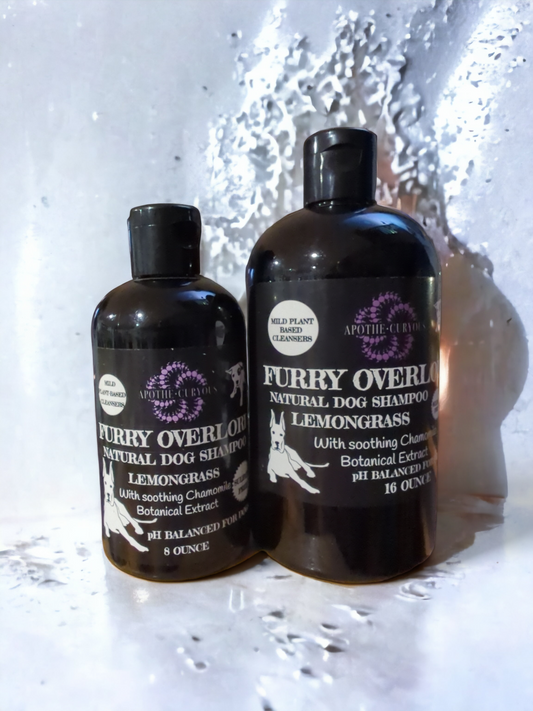 Furry Overlord  natural dog shampoo, 2 sizes with  a watery background