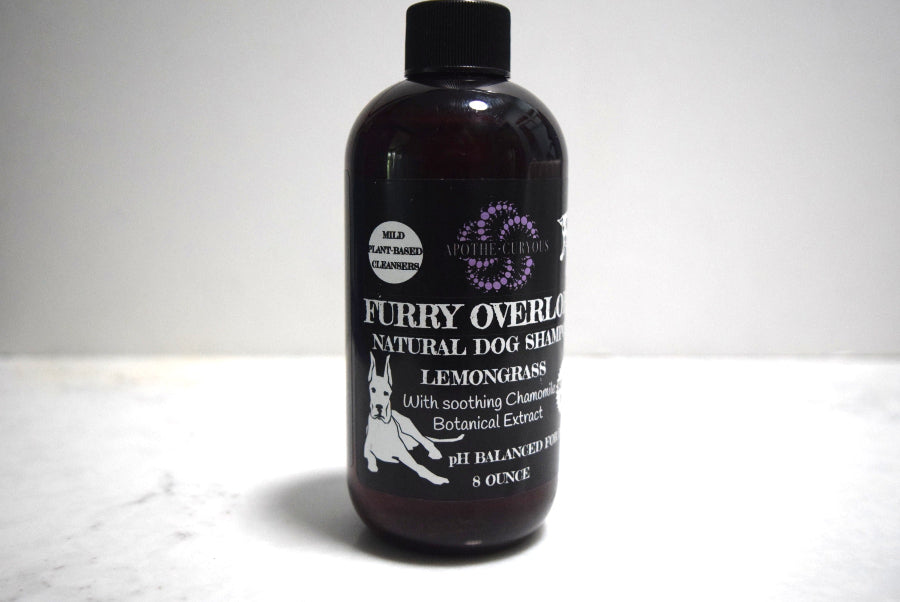 Natural dog shampoo in 8 ounce plastic bottle, Apothecuryous