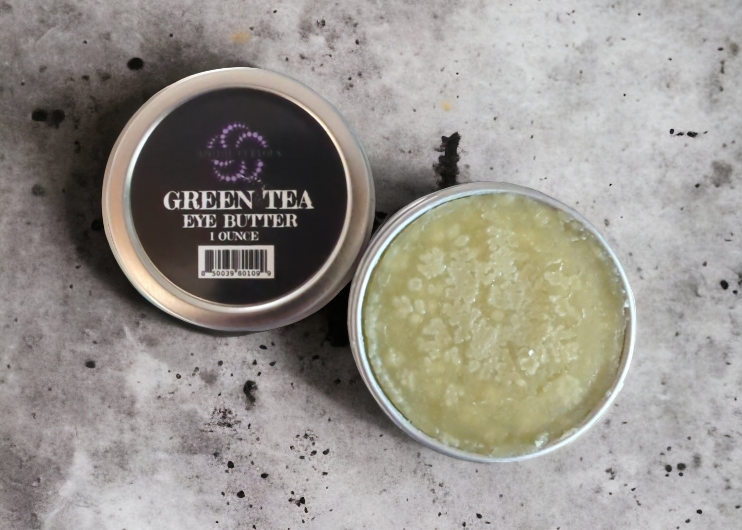 Tin of Green Tea Eye Butter on marble surface, Apothecuryous