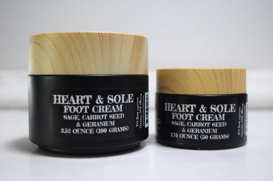 2 sizes of Heart and Sole foot cream in black glass jars, Apothecuryous
