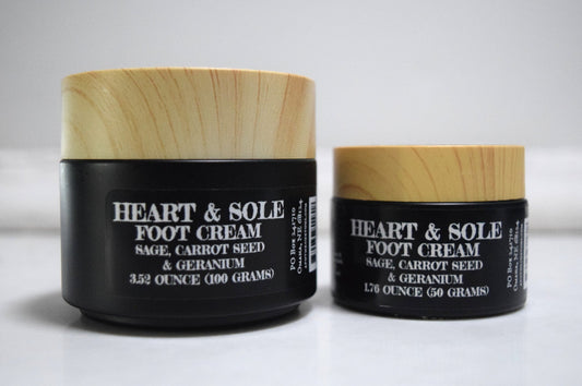 2 sizes of Heart and Sole foot cream in black glass jars, Apothecuryous