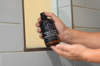 Herbal Infused Apple Cider Vinegar Rinse, amber glass bottle, Apothecuryous