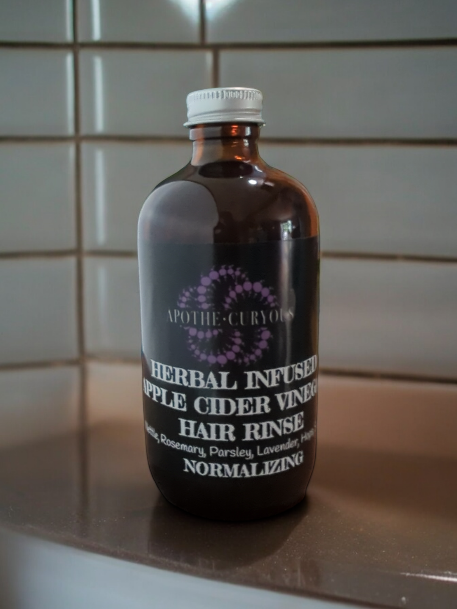 Herbal Infused ACV hair rinse, amber glass bottle, Apothecuryous