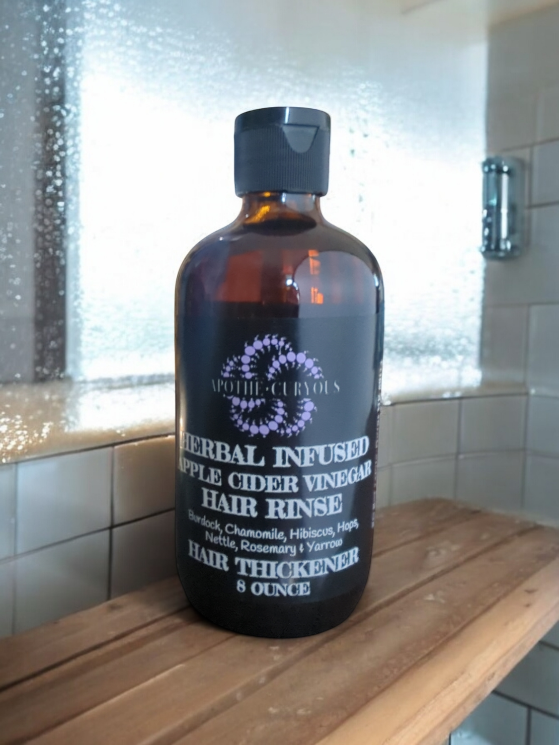 Amber glass bottle of Herbal ACV hair rinse, Apothecuryous