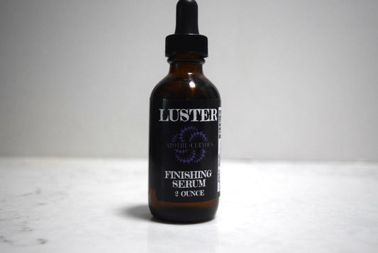 Hair finishing serum in amber glass bottle with dropper top, Apothecuryous