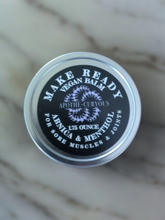 Make Ready Vegan balm with Arnica infused olive oil and Menthol, aluminum tin