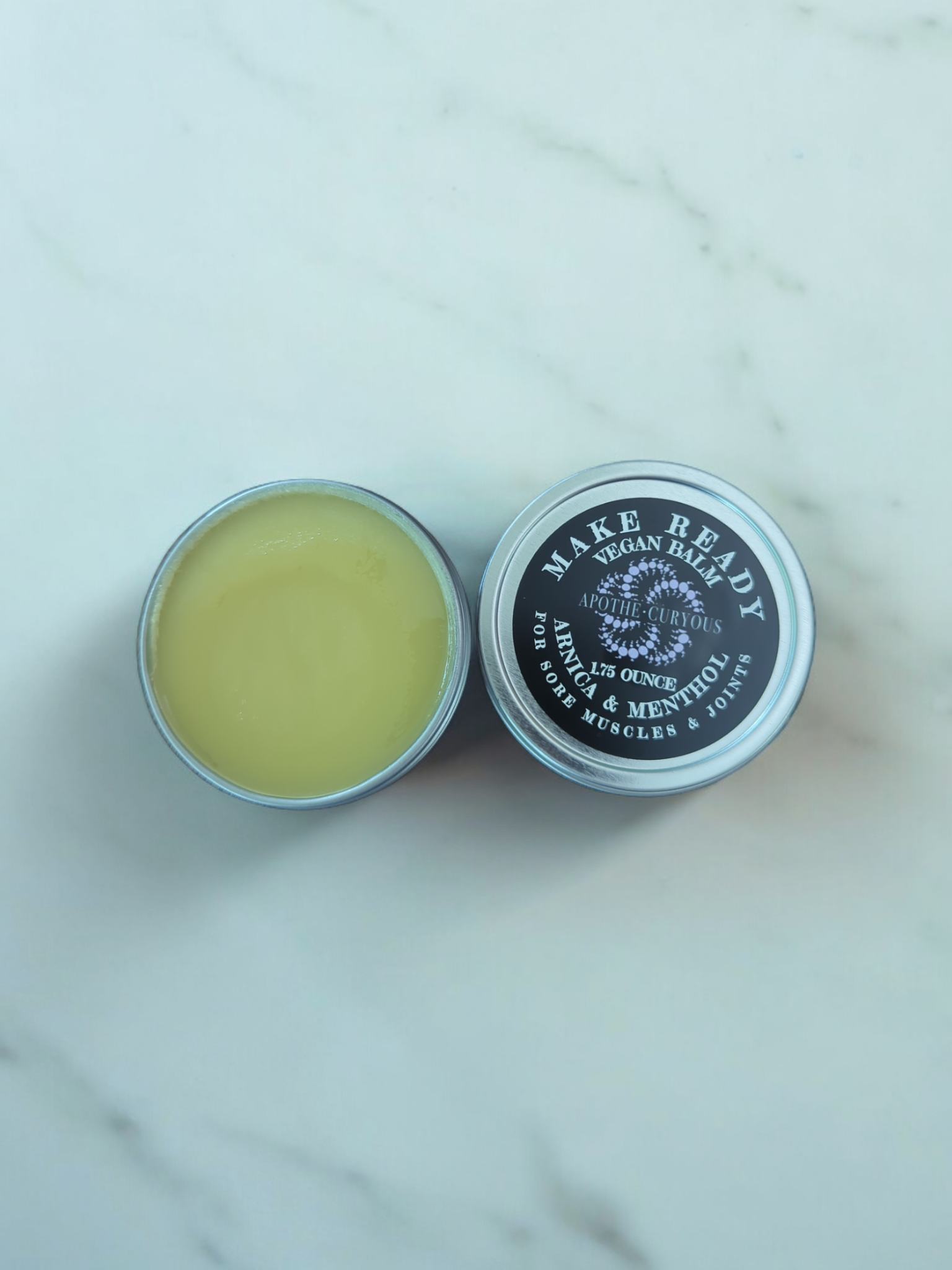 Make Ready vegan balm, aluminum tin, lid off