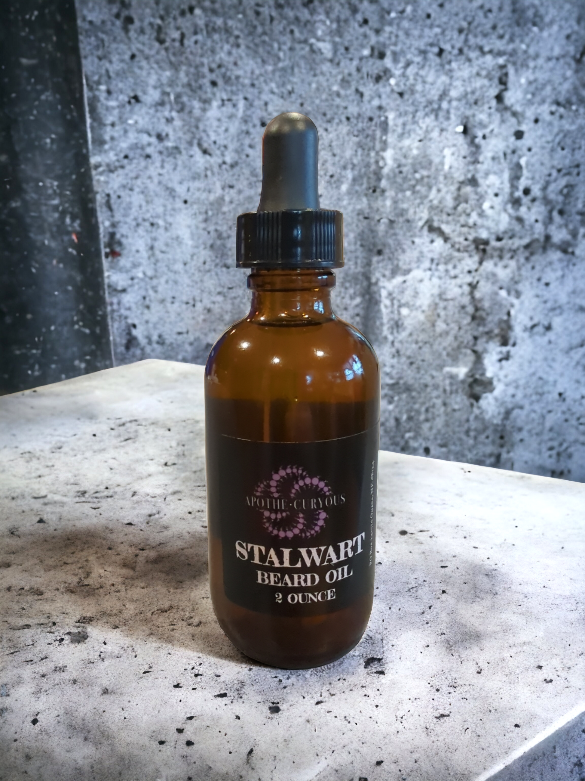 Stalwart beard oil on counter, 2 ounce glass bottle with dropper top, Apothecuryous