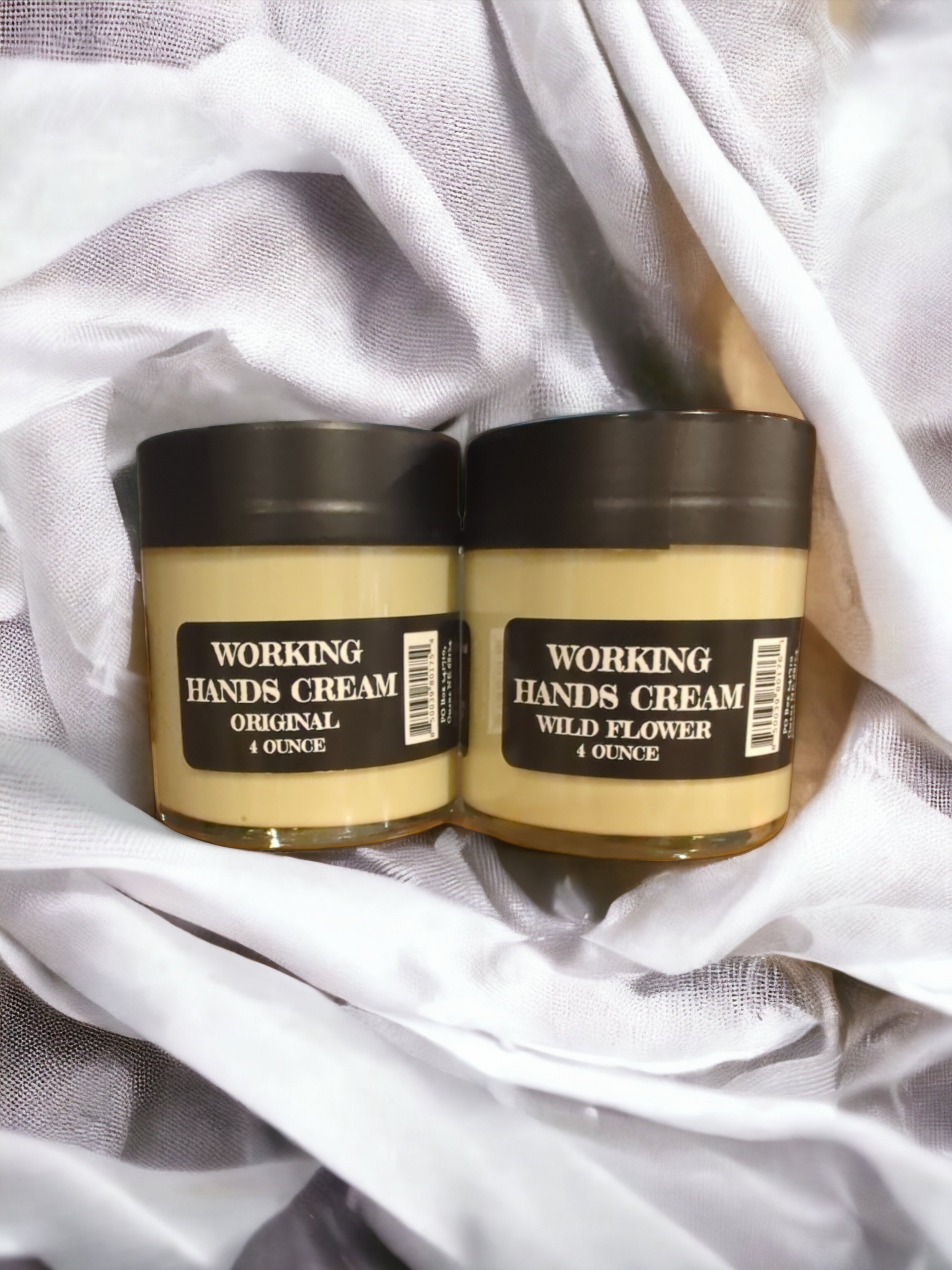 Working Hands cream both scent options, 4 ounce glass on fabric, Apothecuryous