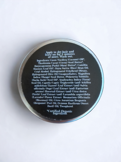 Quenched hair mask back label, 1.75 ounce aluminum tin, Apothecuryous