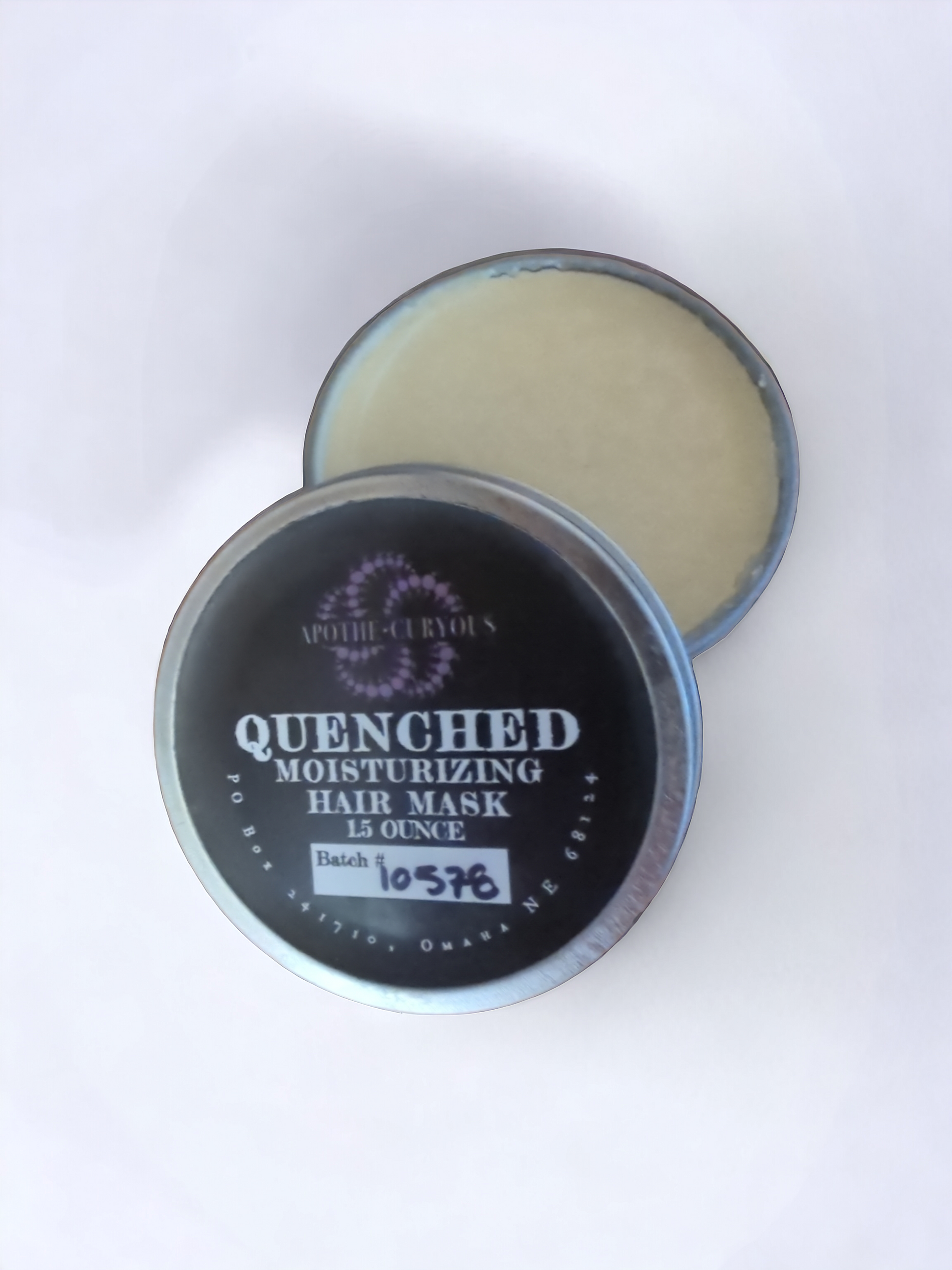 Quenched hair mask lid off, aluminum tin, Apothecuryous