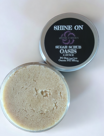 Shine On sugar scrub, Oasis scent lid off, Apothecuryous