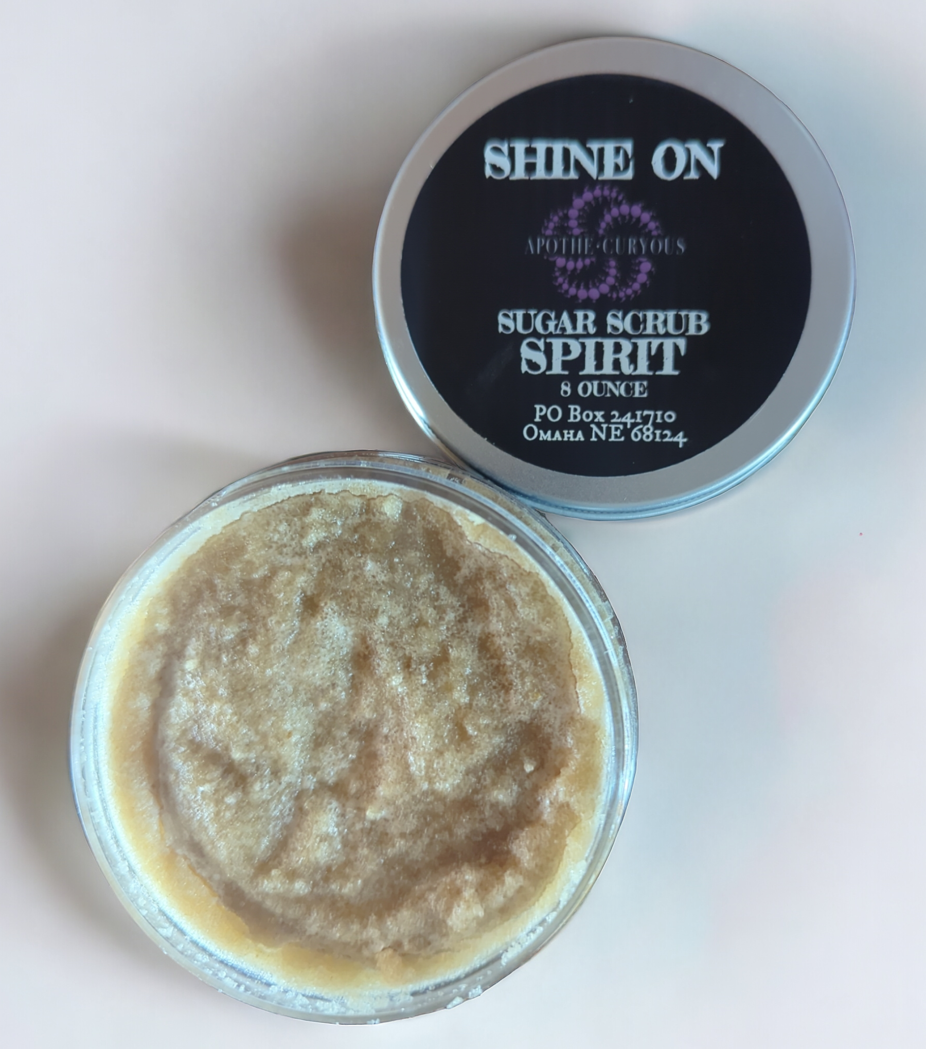 Shine On sugar scrub, Spirit scent, lid off, Apothecuryous