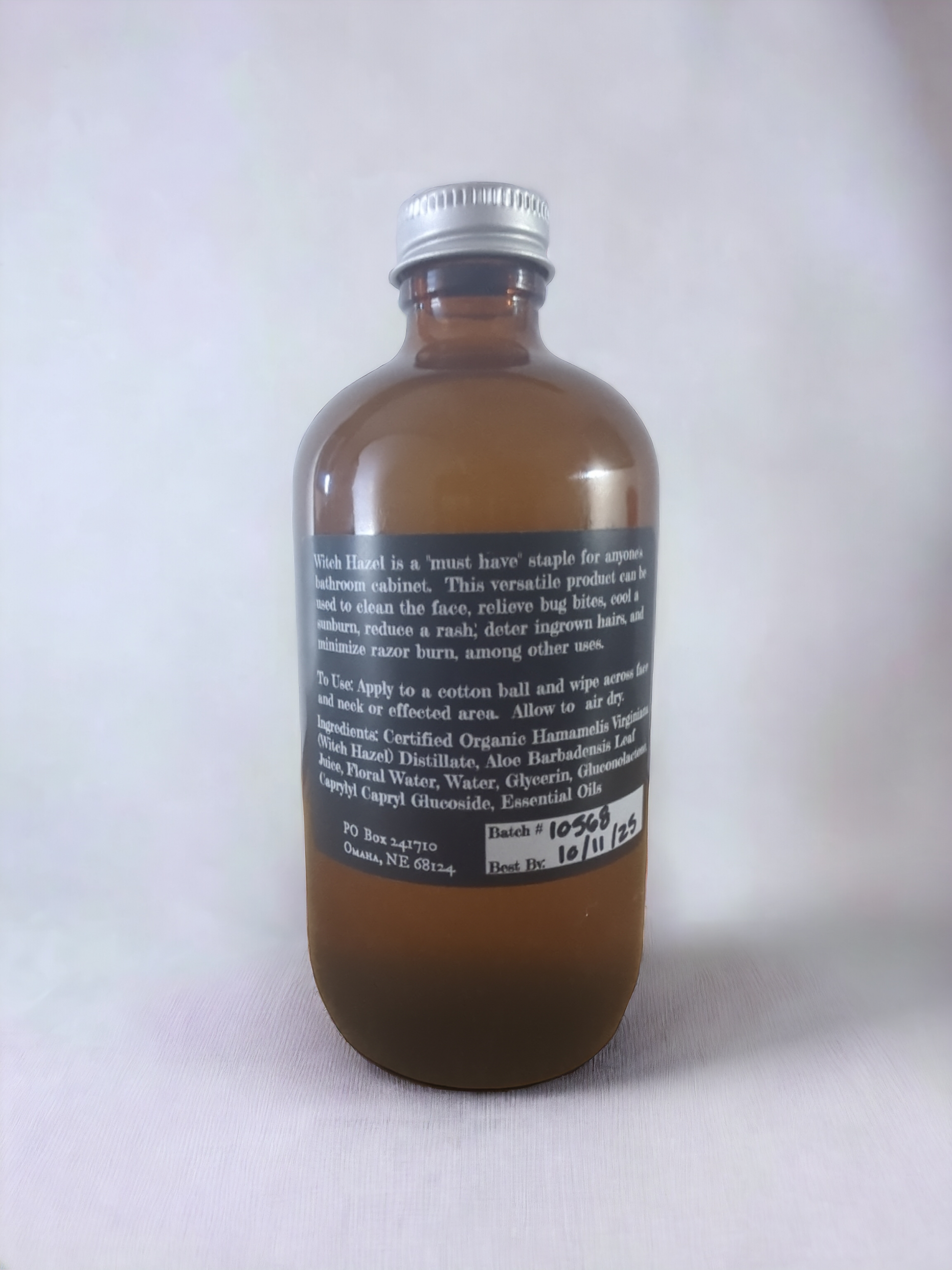 Witch Hazel astringent, back label, 8 ounce glass bottle, Apothecuryous