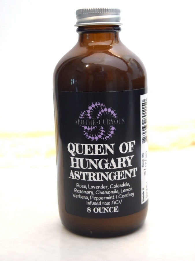 Amber glass bottle of apple cider vinegar based astringent, Apothecuryous
