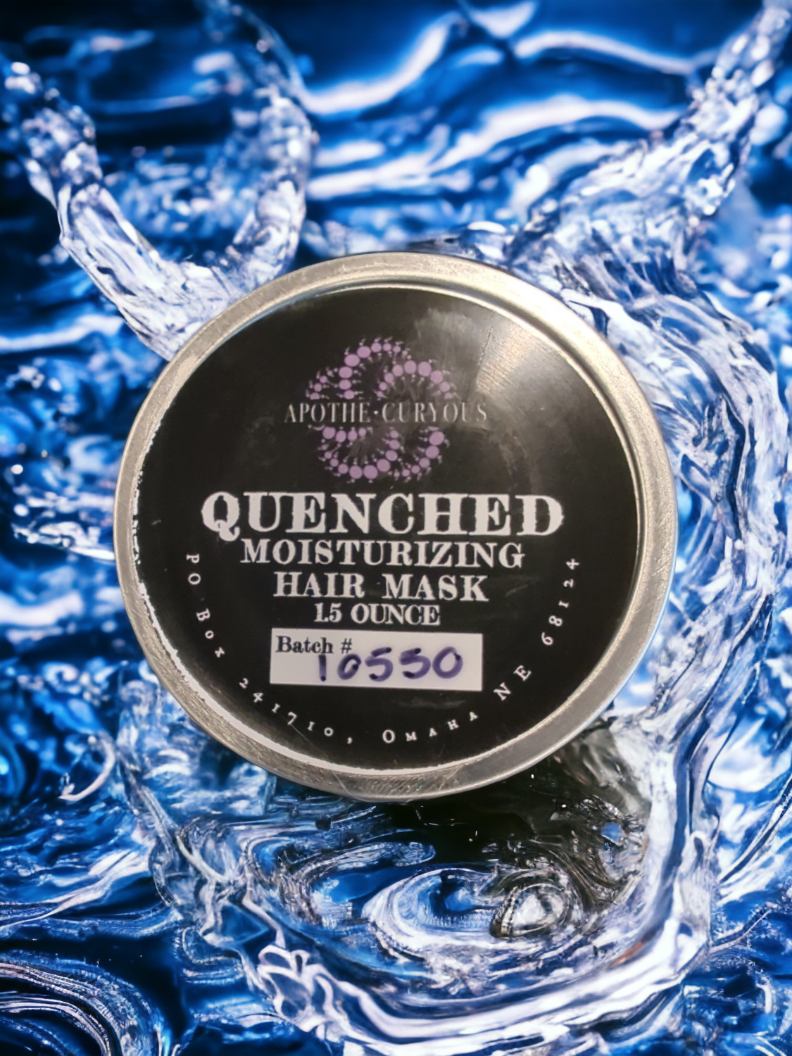 Hair mask in aluminum tin with watery background, Apothecuryous