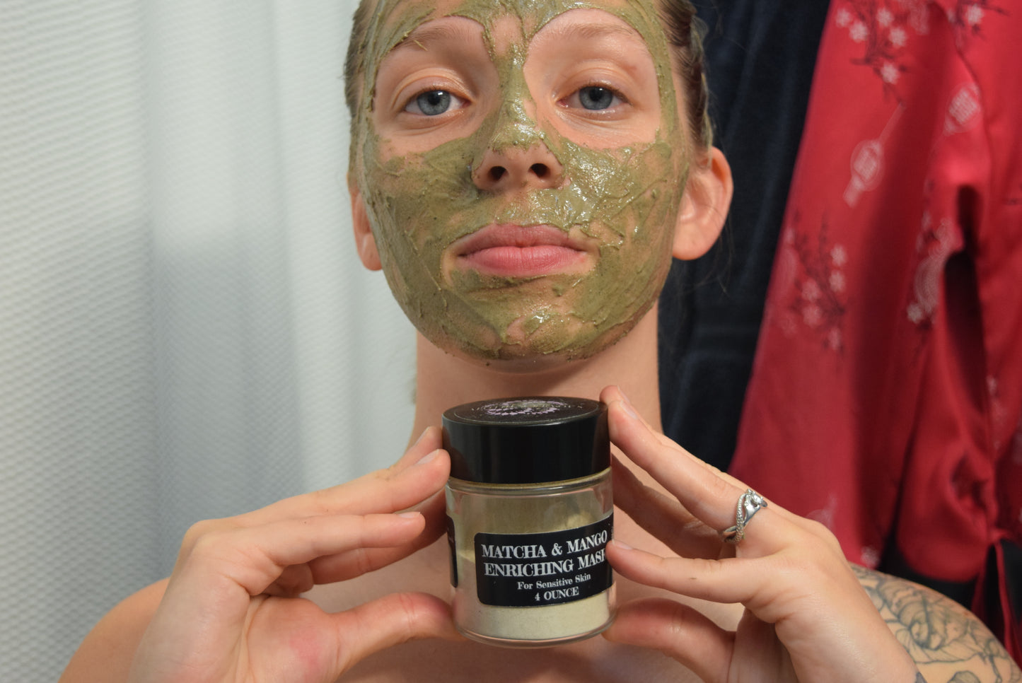 Matcha & Mango mask applied to face, Apothecuryuous