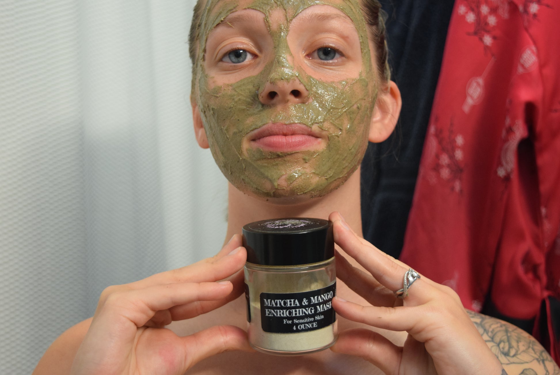 Matcha & Mango mask applied to face, Apothecuryuous