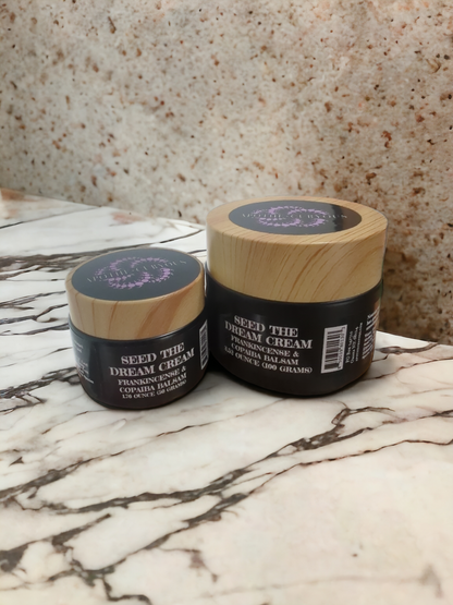 Seed the Dream cream, Frankincense & Copaiba Balsam, 2 sizes in black glass jars, Apothecuryous