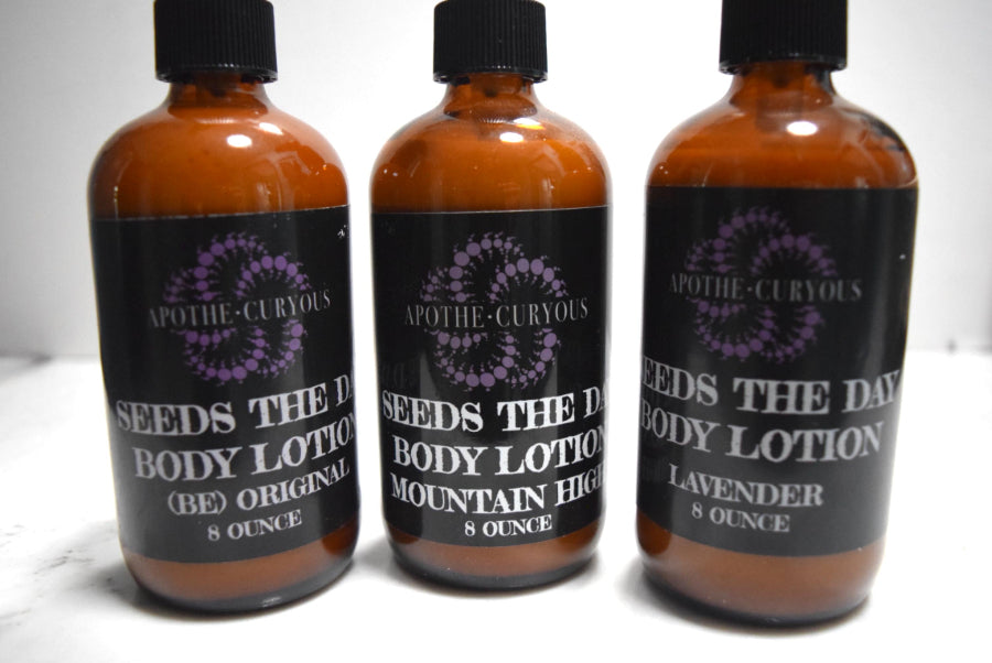 3 scents of Seeds the Day lotion in amber glass bottle, Apothecuryous