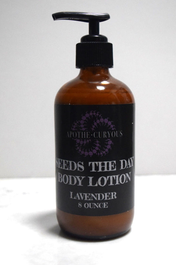 Amber glass bottle of Seeds the Day lotion, Lavender, Apothecuryous