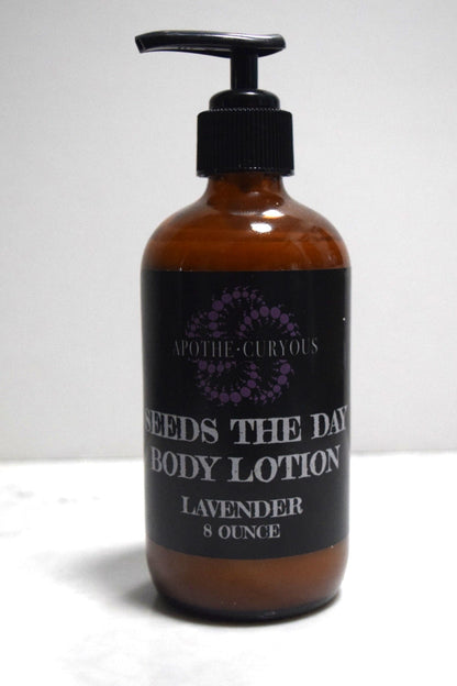 Amber glass bottle of Seeds the Day lotion, Lavender, Apothecuryous