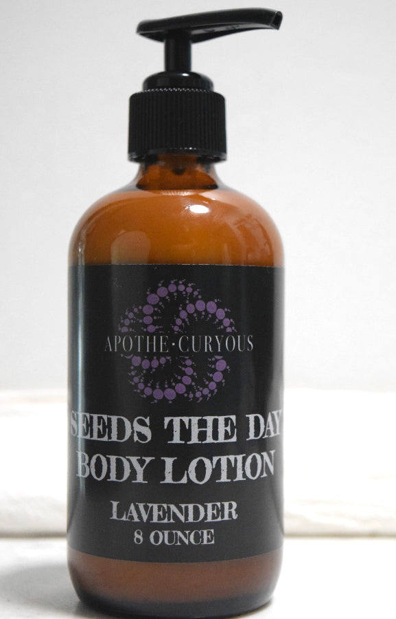 8 ounce amber glass bottle with black lotion pump. Seeds the Day in Lavender, Apothecuryous