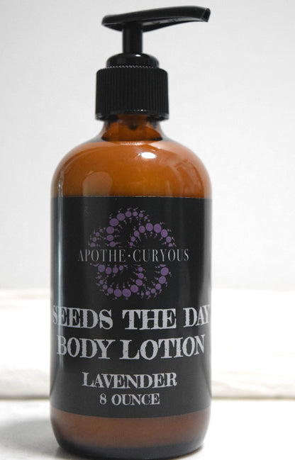 8 ounce amber glass bottle with black lotion pump. Seeds the Day in Lavender, Apothecuryous