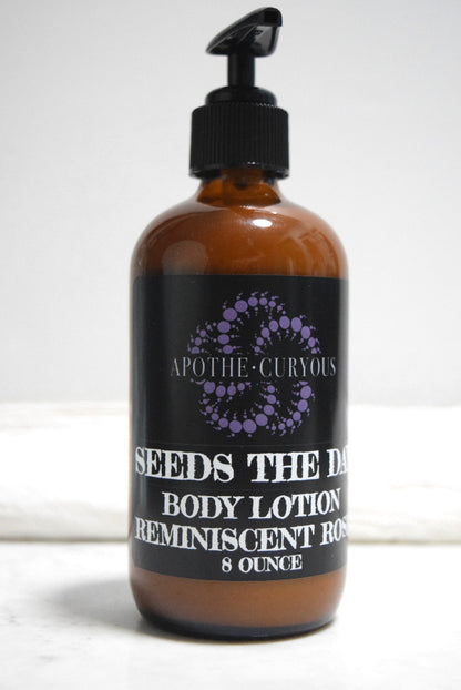 An 8-ounce amber glass pump bottle of body lotion with a black label. Reminiscent Rose scent, Apothecuryous